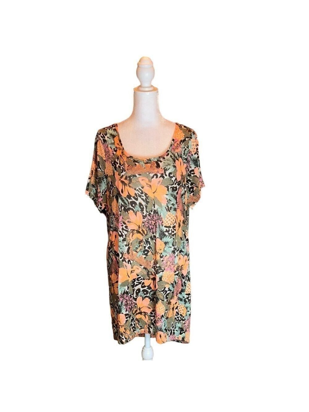H&M Coral & Green Animal Cheetah Print Long Tee or Dress Size S